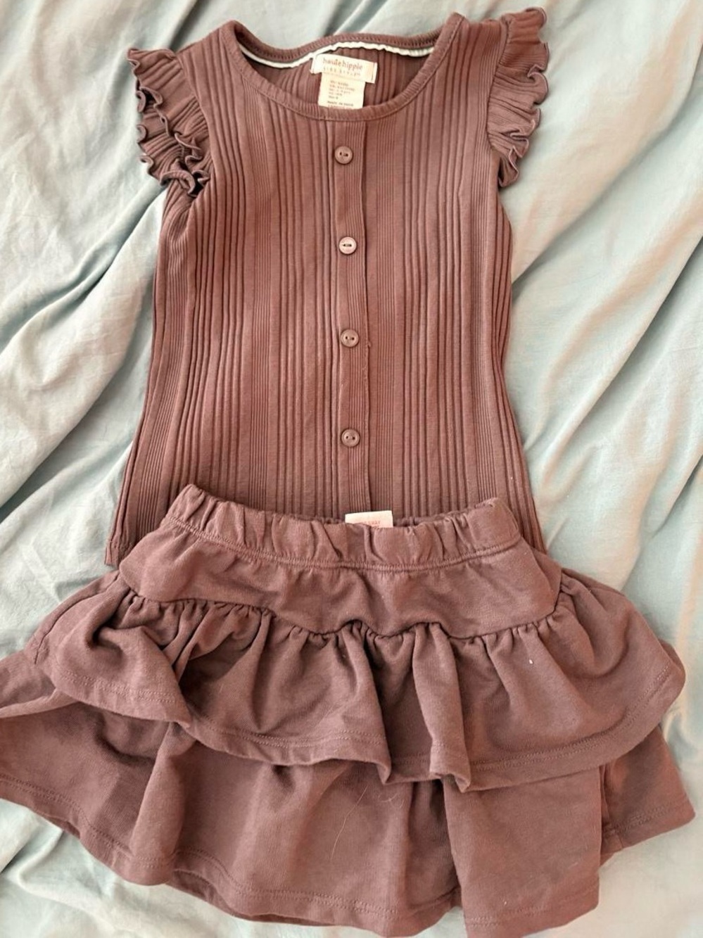 Haute hippie grey Ribbed Button top with Ruffle Skirt